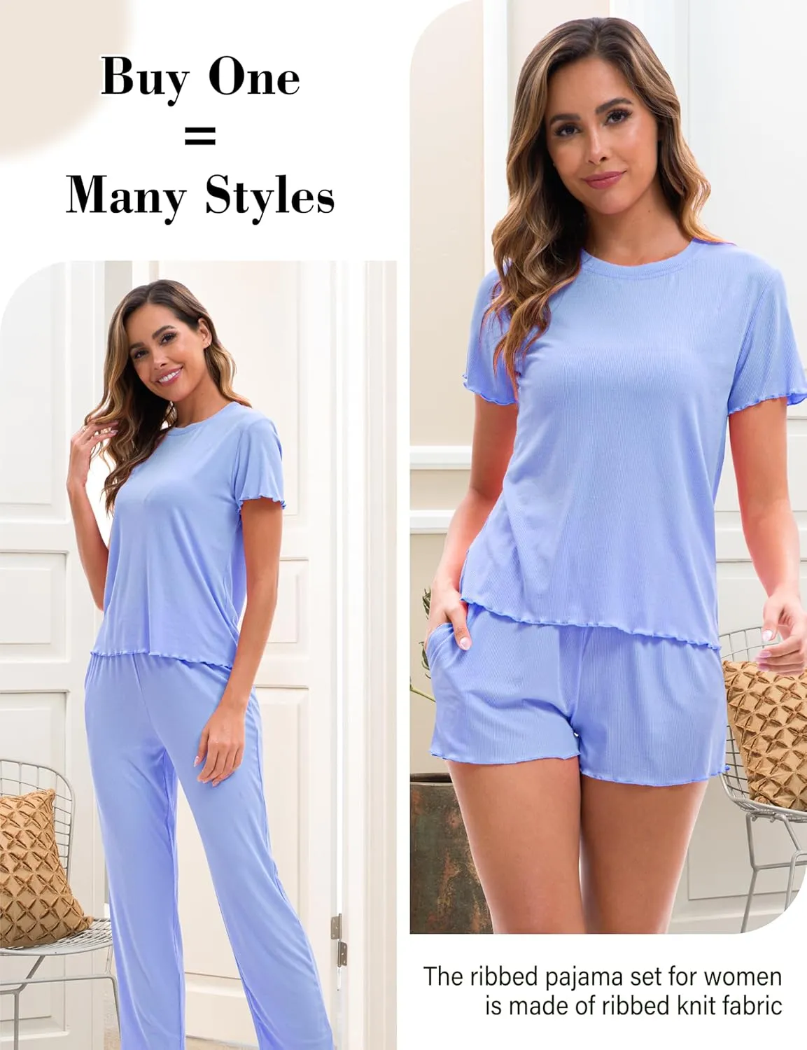 Ribbed Pajama Set Women Shorts Pants 3 Piece Summer Knit Lounge Sets for Women Lettuce Trim Soft Loungewear Comfy Pjs