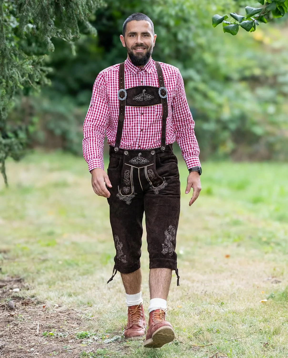 Schneberger Trachten Couture Lederhosen Men - Authentic German Lederhosen, Genuine Leather Dark Brown, Oktoberfest Outfit