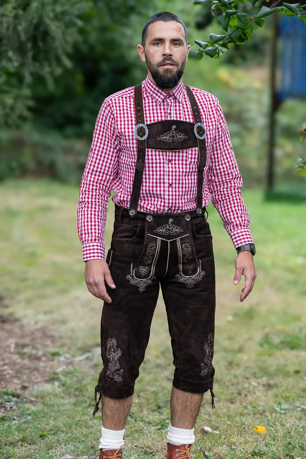 Schneberger Trachten Couture Lederhosen Men - Authentic German Lederhosen, Genuine Leather Dark Brown, Oktoberfest Outfit