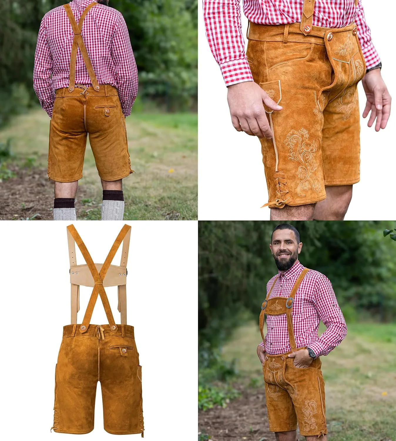 Schneberger Trachten Couture Lederhosen Men - Genuine Leather, Authentic German Lederhosen Short Brown, Oktoberfest Pants