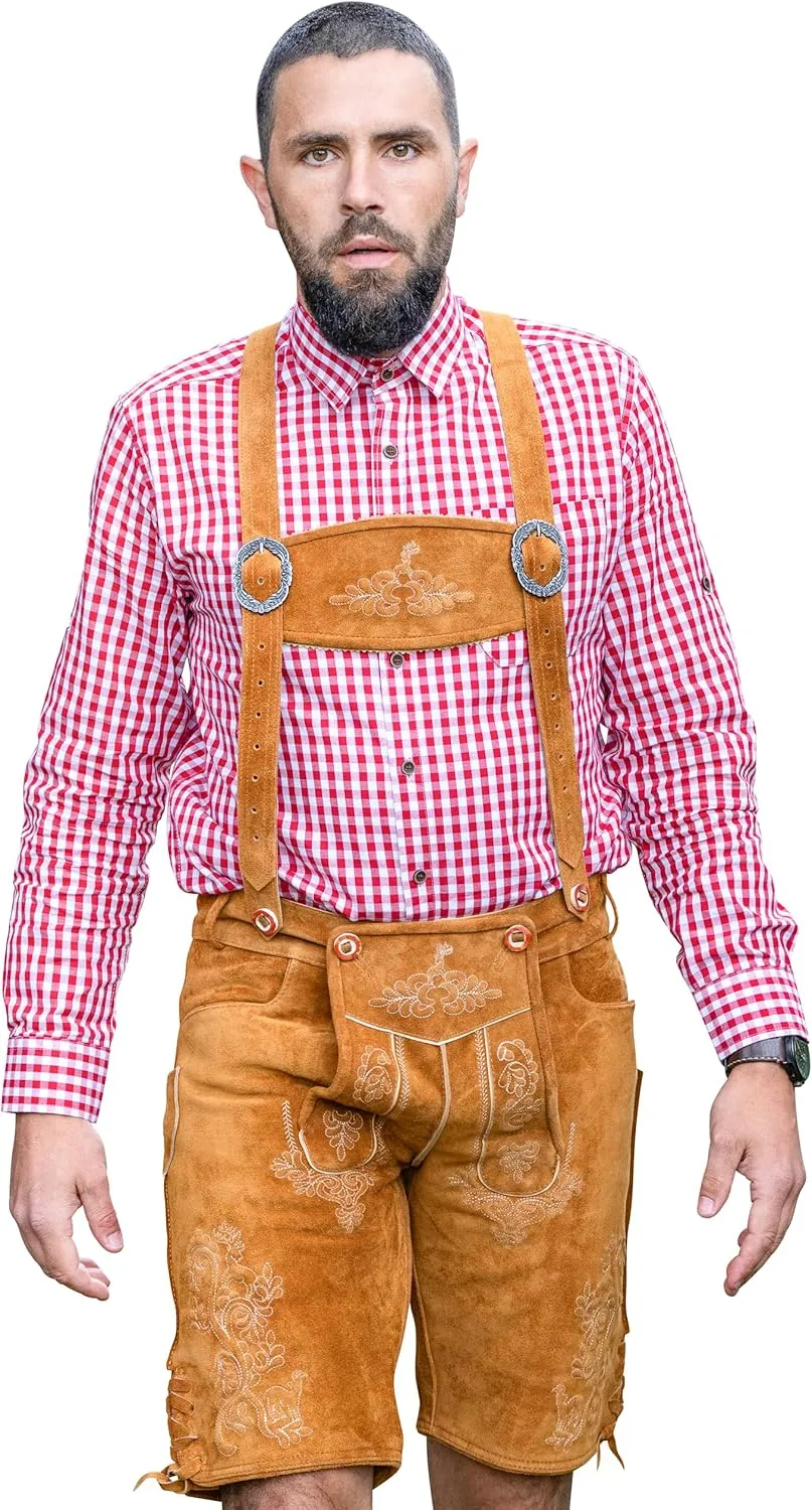 Schneberger Trachten Couture Lederhosen Men - Genuine Leather, Authentic German Lederhosen Short Brown, Oktoberfest Pants
