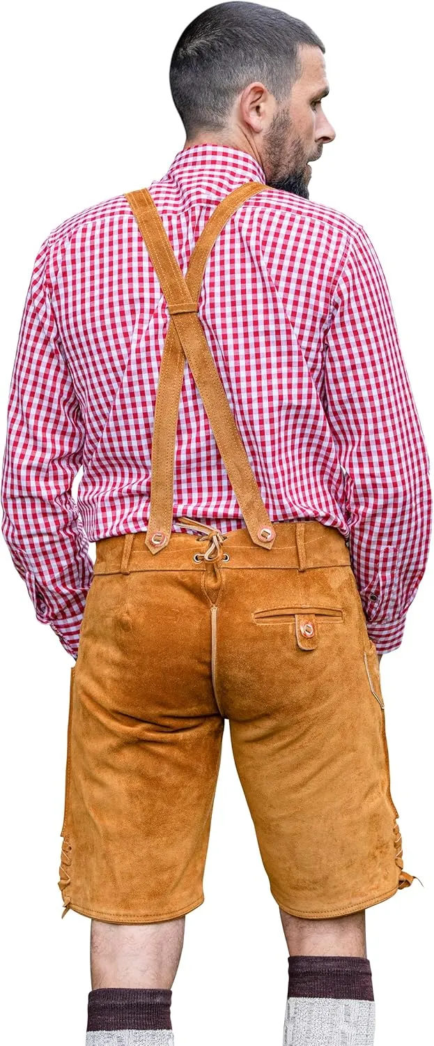 Schneberger Trachten Couture Lederhosen Men - Genuine Leather, Authentic German Lederhosen Short Brown, Oktoberfest Pants
