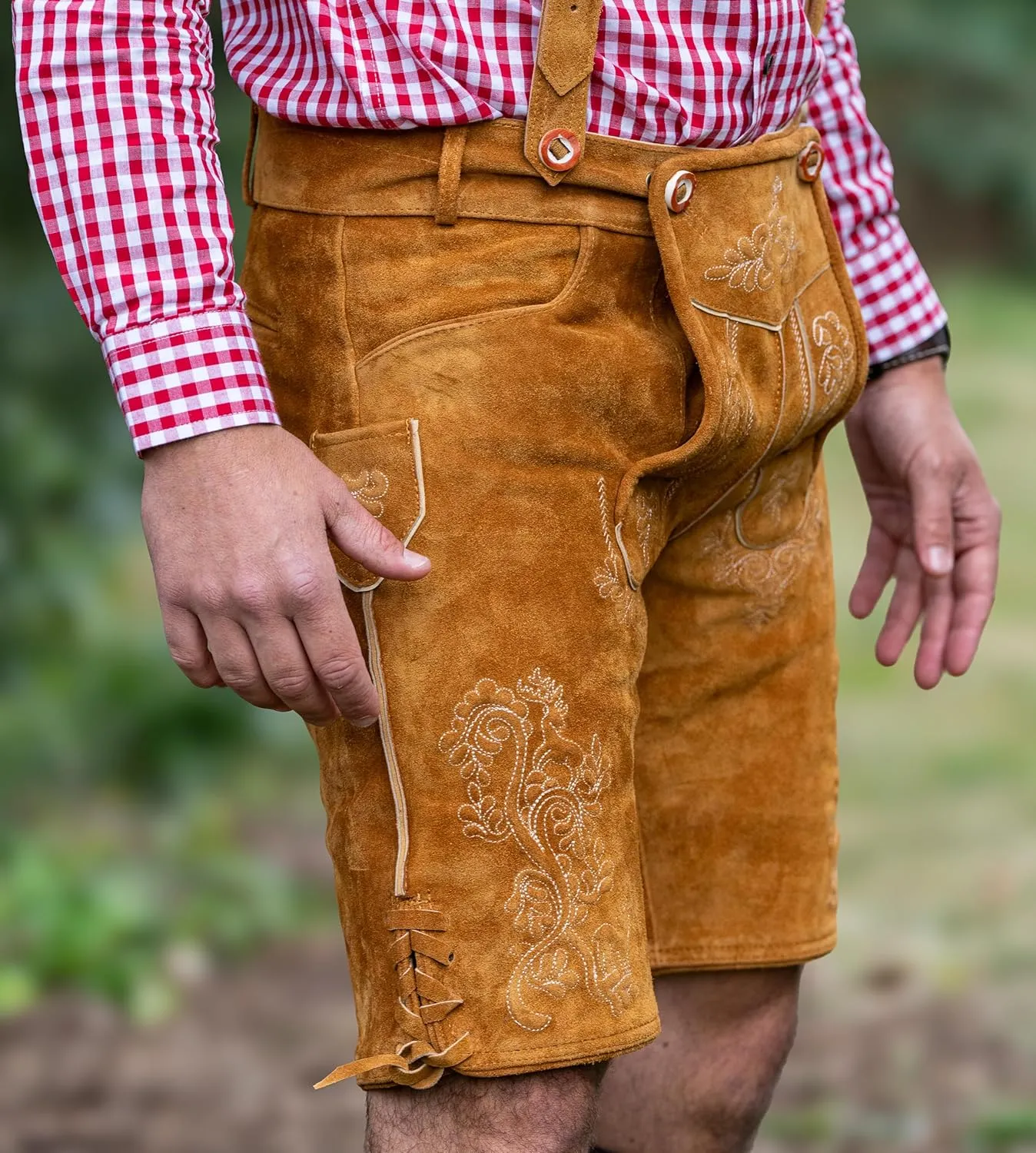 Schneberger Trachten Couture Lederhosen Men - Genuine Leather, Authentic German Lederhosen Short Brown, Oktoberfest Pants