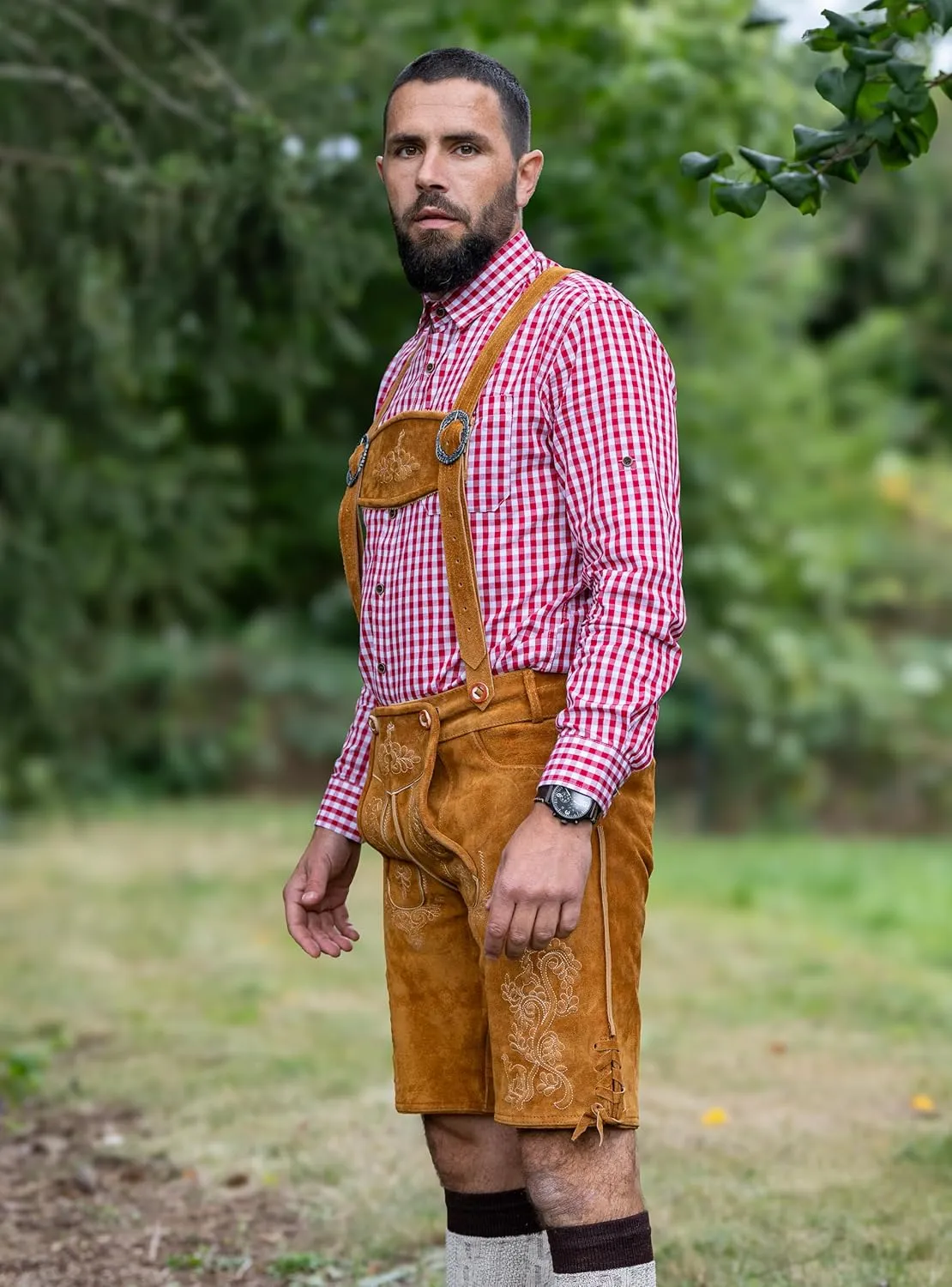 Schneberger Trachten Couture Lederhosen Men - Genuine Leather, Authentic German Lederhosen Short Brown, Oktoberfest Pants