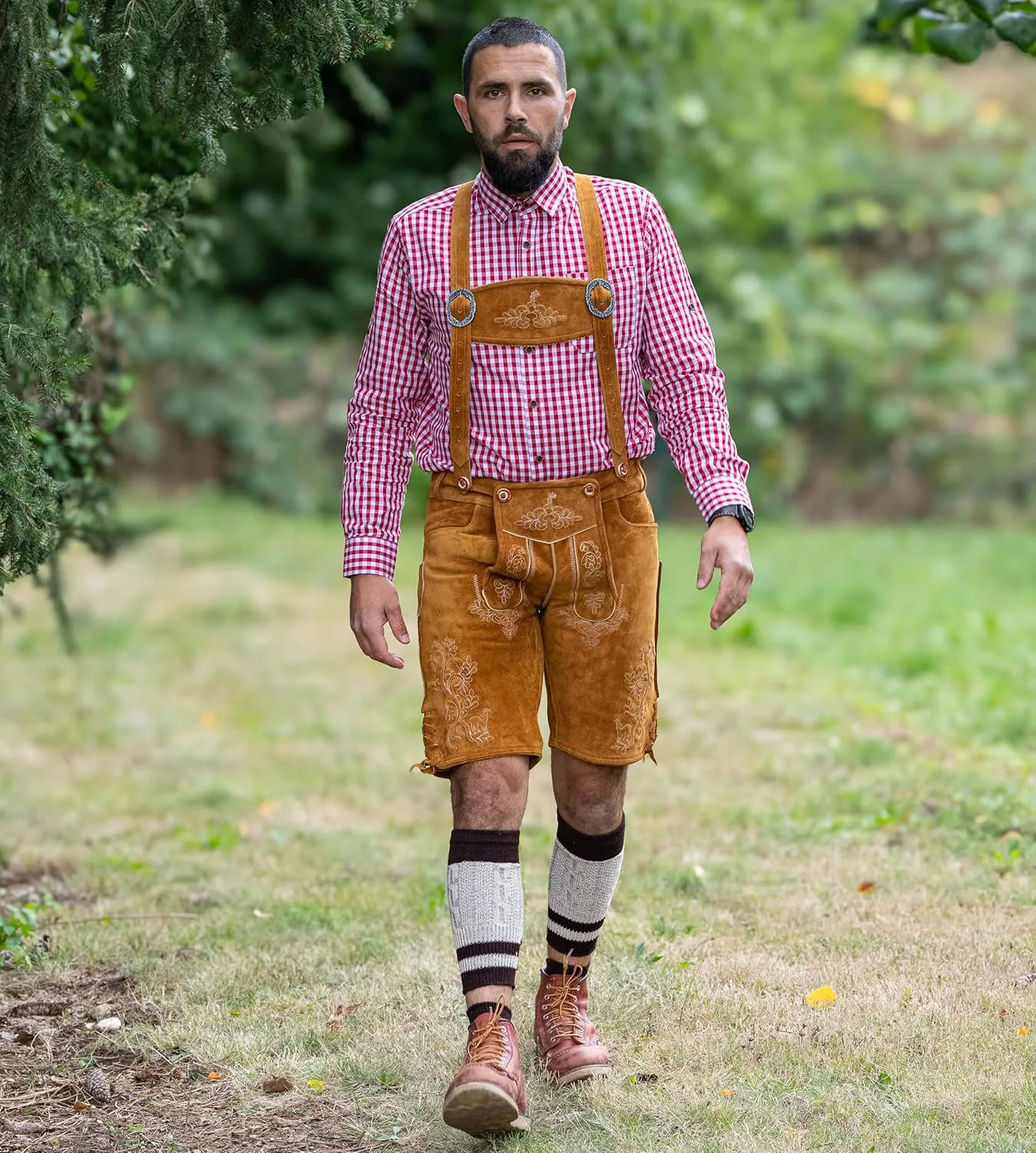 Schneberger Trachten Couture Lederhosen Men - Genuine Leather, Authentic German Lederhosen Short Brown, Oktoberfest Pants