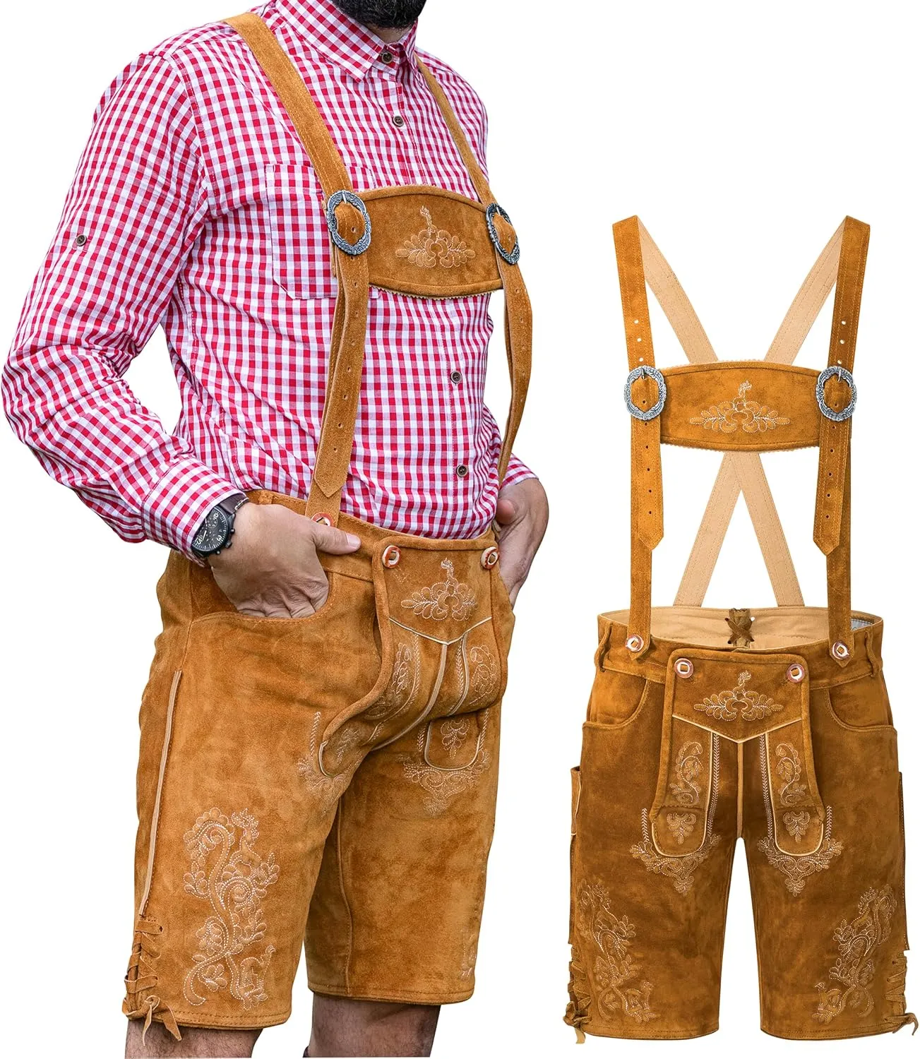 Schneberger Trachten Couture Lederhosen Men - Genuine Leather, Authentic German Lederhosen Short Brown, Oktoberfest Pants