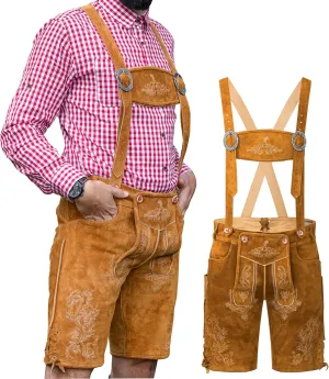 Schneberger Trachten Couture Lederhosen Men - Genuine Leather, Authentic German Lederhosen Short Brown, Oktoberfest Pants
