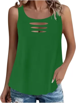 Sexy Cut Out Ripped Tank Tops for Women Distressed Sleeveless T-Shirt Summer Rock Tee Solid Color Basic Tunic Blouse