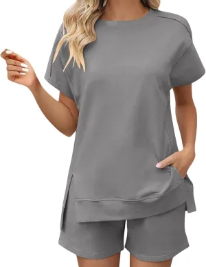 Short Sets for Women Casual Short Sleeve Split Hem Crew Neck Top Baggy Short Outfits Summer Loose Fit Tracksuits