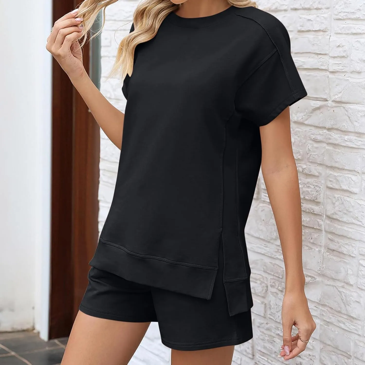 Short Sets for Women Casual Short Sleeve Split Hem Crew Neck Top Baggy Short Outfits Summer Loose Fit Tracksuits