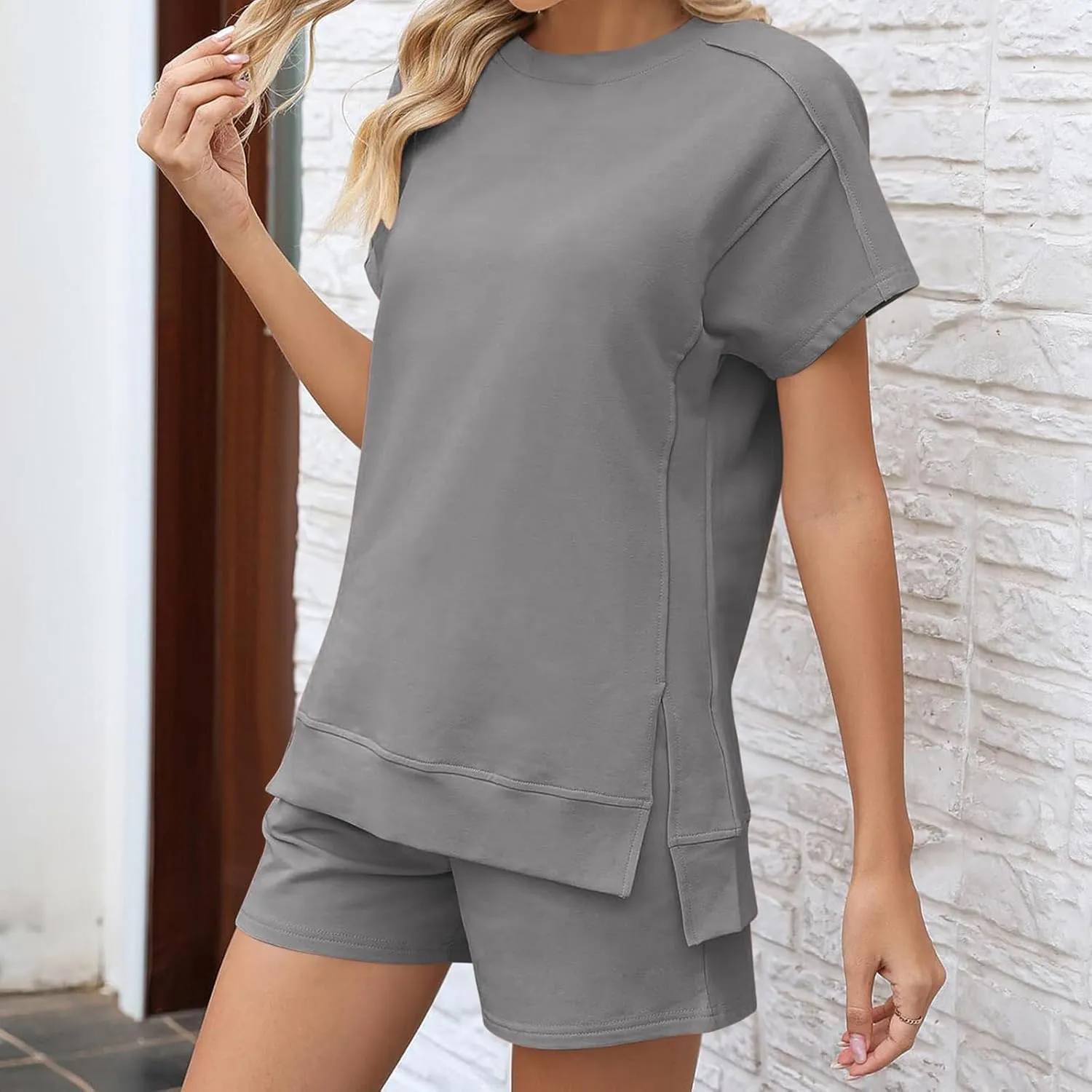 Short Sets for Women Casual Short Sleeve Split Hem Crew Neck Top Baggy Short Outfits Summer Loose Fit Tracksuits