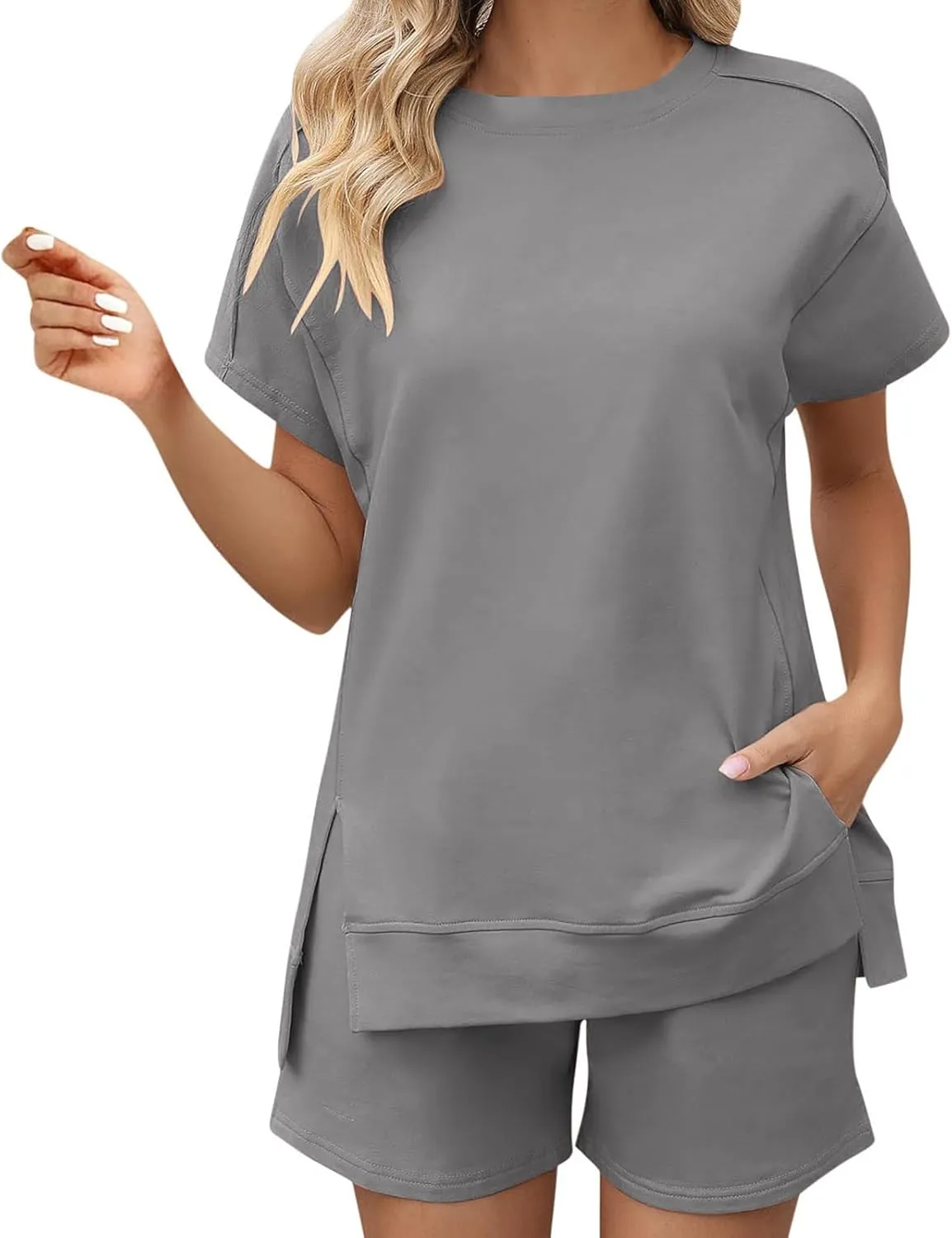 Short Sets for Women Casual Short Sleeve Split Hem Crew Neck Top Baggy Short Outfits Summer Loose Fit Tracksuits