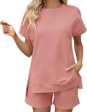 Short Sets for Women Casual Short Sleeve Split Hem Crew Neck Top Baggy Short Outfits Summer Loose Fit Tracksuits