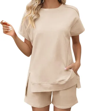 Short Sets for Women Casual Short Sleeve Split Hem Crew Neck Top Baggy Short Outfits Summer Loose Fit Tracksuits