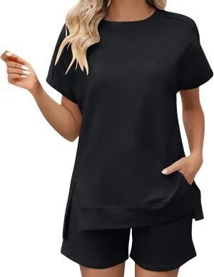 Short Sets for Women Casual Short Sleeve Split Hem Crew Neck Top Baggy Short Outfits Summer Loose Fit Tracksuits