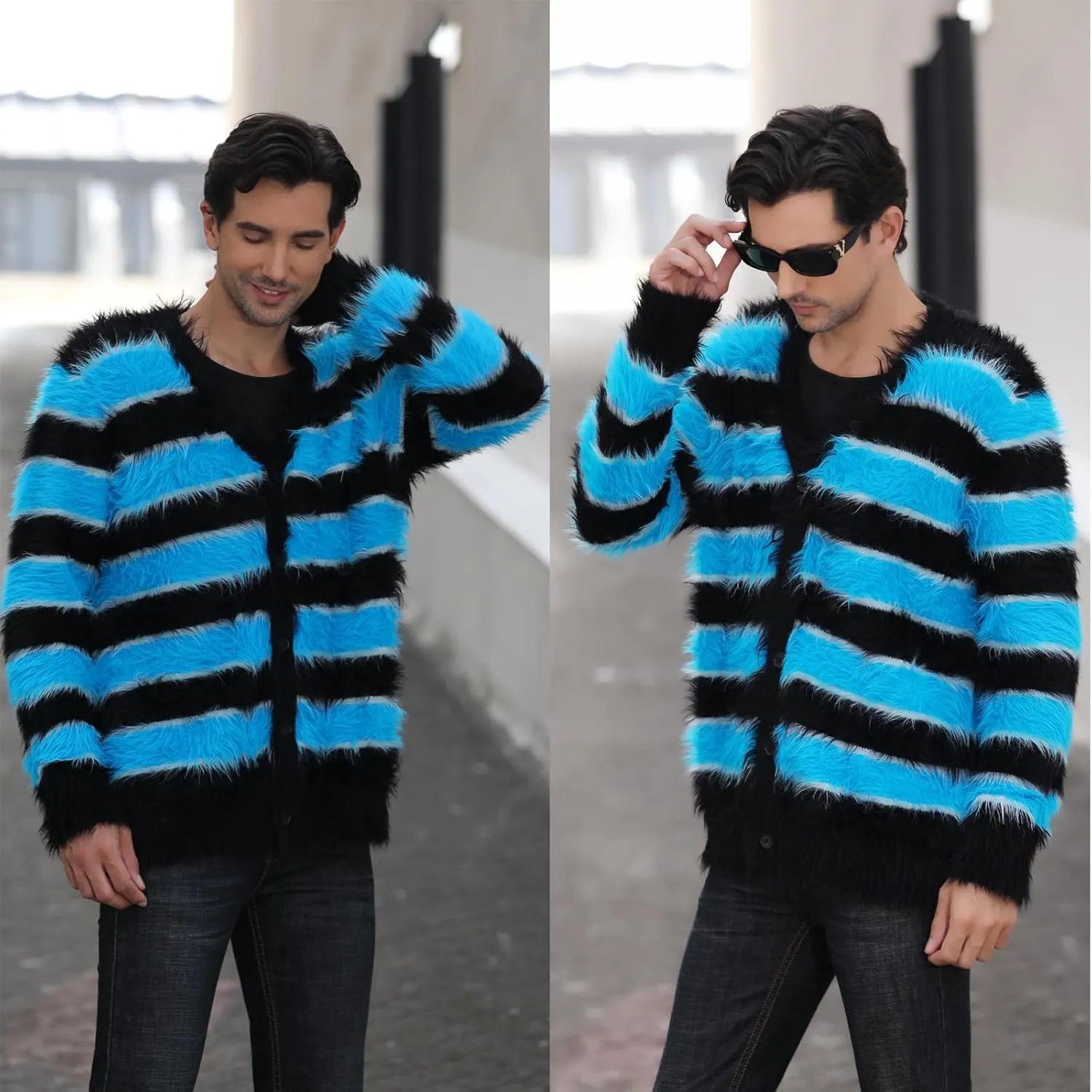 SINAR Men's Casual Fuzzy Cardigan Sweater Long Sleeve Soft Striped Knitwear Winter Warm Cardigan Knitted Sweater