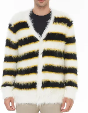 SINAR Men's Casual Fuzzy Cardigan Sweater Long Sleeve Soft Striped Knitwear Winter Warm Cardigan Knitted Sweater