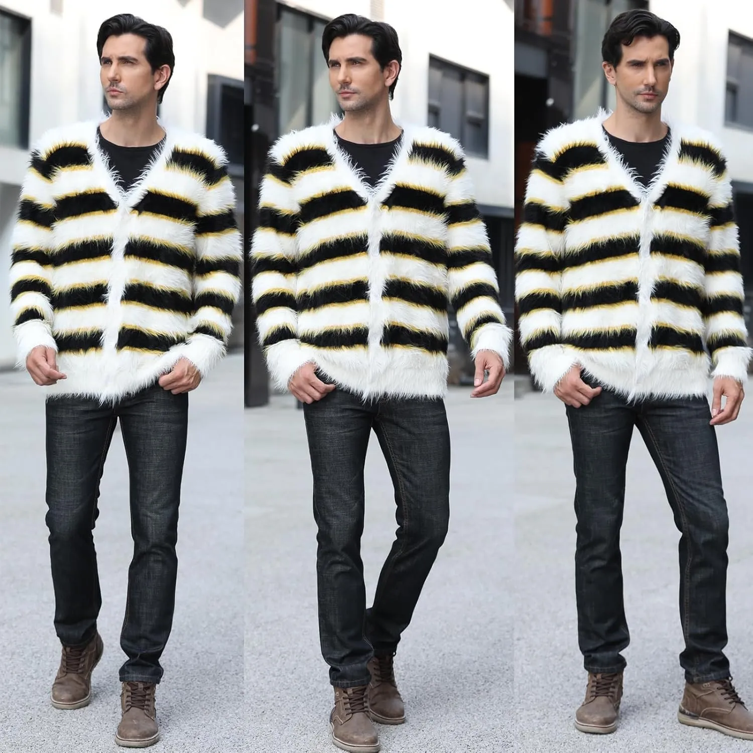 SINAR Men's Casual Fuzzy Cardigan Sweater Long Sleeve Soft Striped Knitwear Winter Warm Cardigan Knitted Sweater