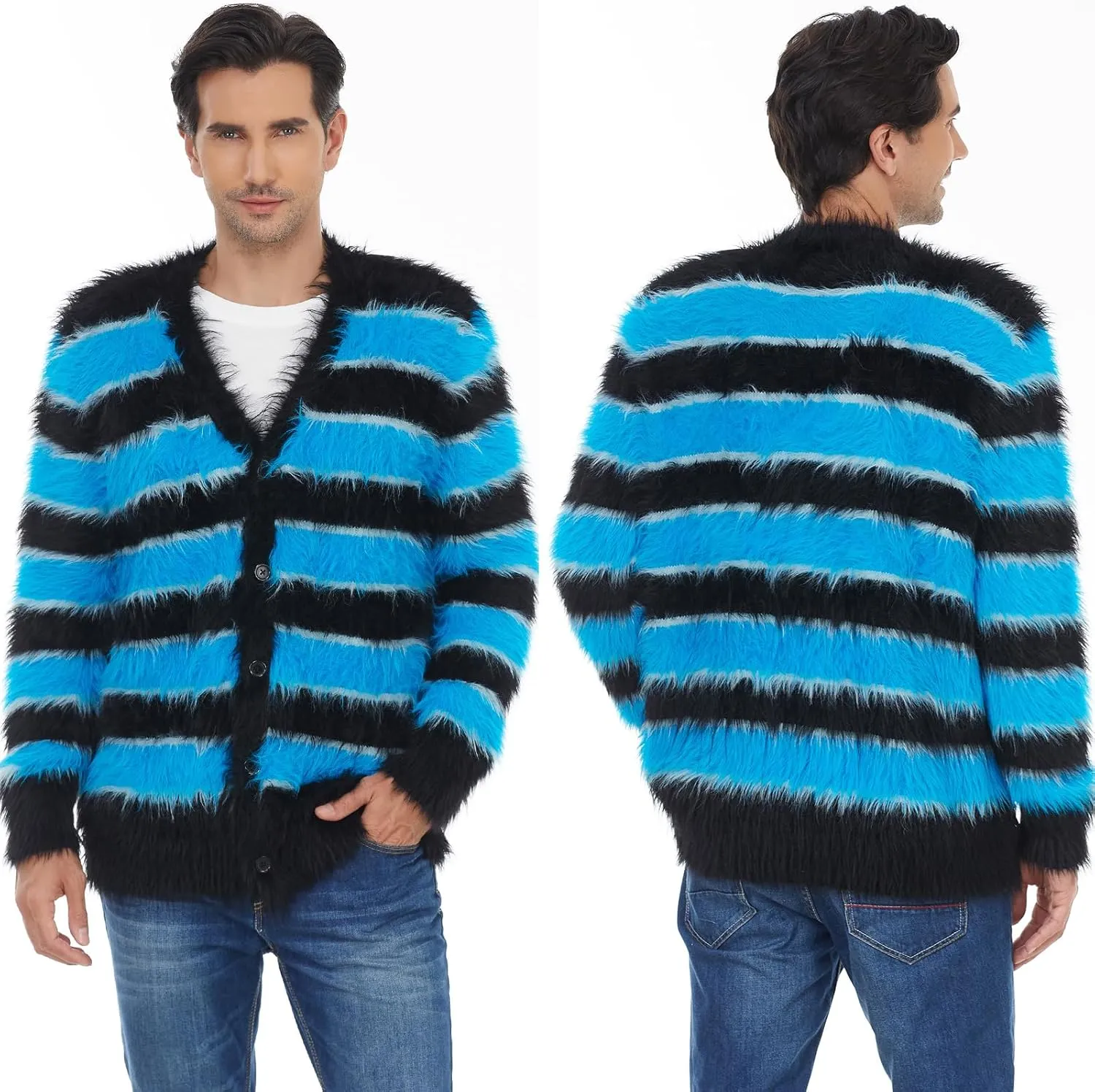 SINAR Men's Casual Fuzzy Cardigan Sweater Long Sleeve Soft Striped Knitwear Winter Warm Cardigan Knitted Sweater