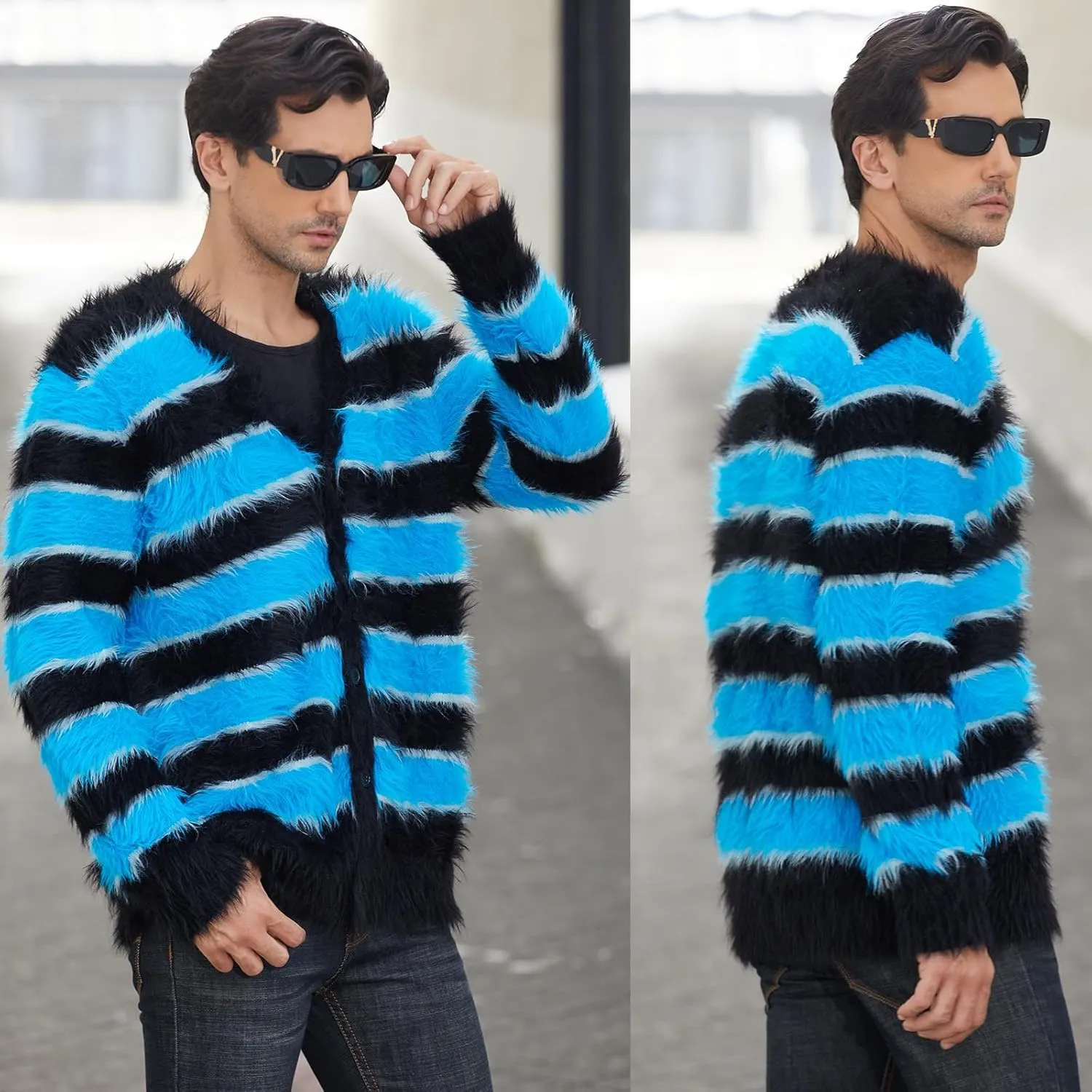 SINAR Men's Casual Fuzzy Cardigan Sweater Long Sleeve Soft Striped Knitwear Winter Warm Cardigan Knitted Sweater