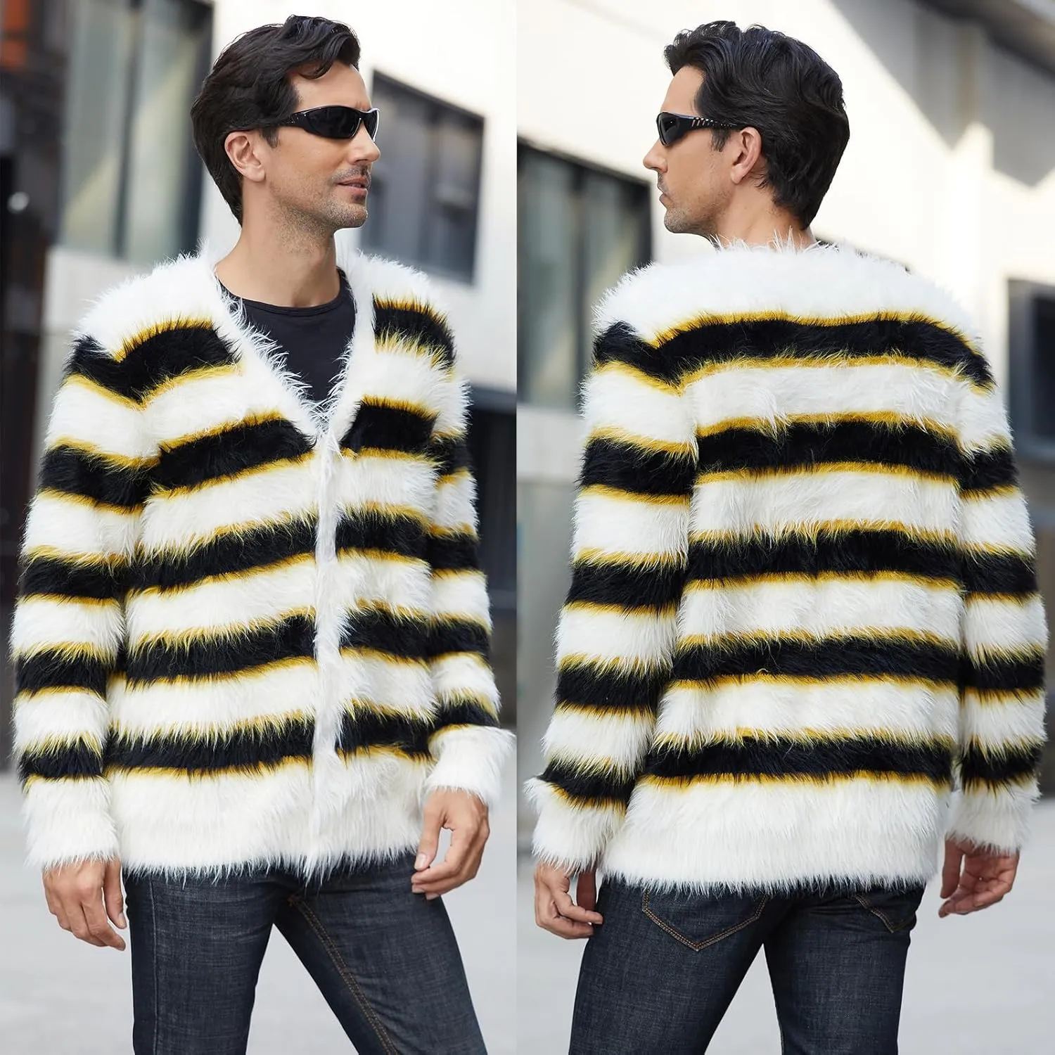 SINAR Men's Casual Fuzzy Cardigan Sweater Long Sleeve Soft Striped Knitwear Winter Warm Cardigan Knitted Sweater
