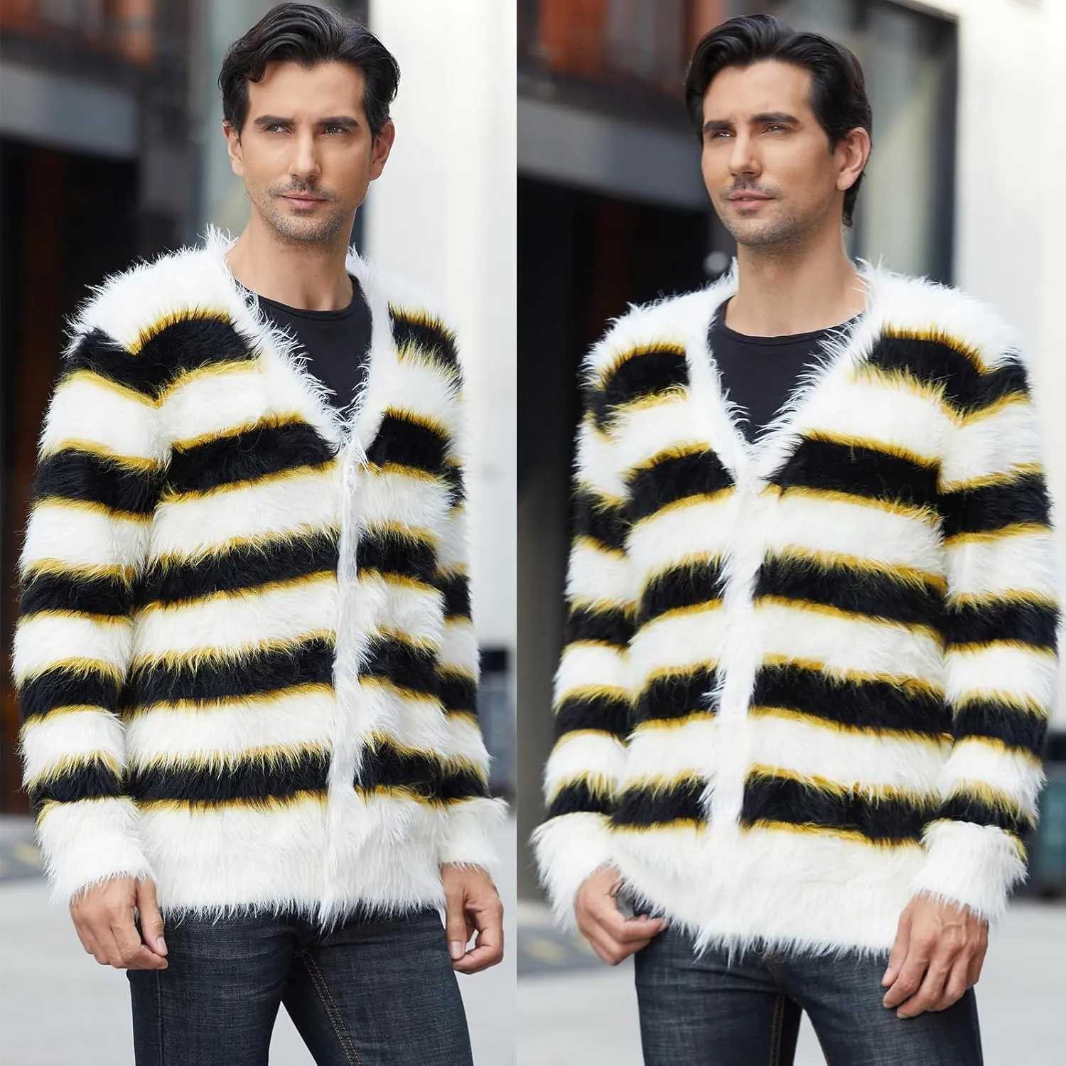SINAR Men's Casual Fuzzy Cardigan Sweater Long Sleeve Soft Striped Knitwear Winter Warm Cardigan Knitted Sweater