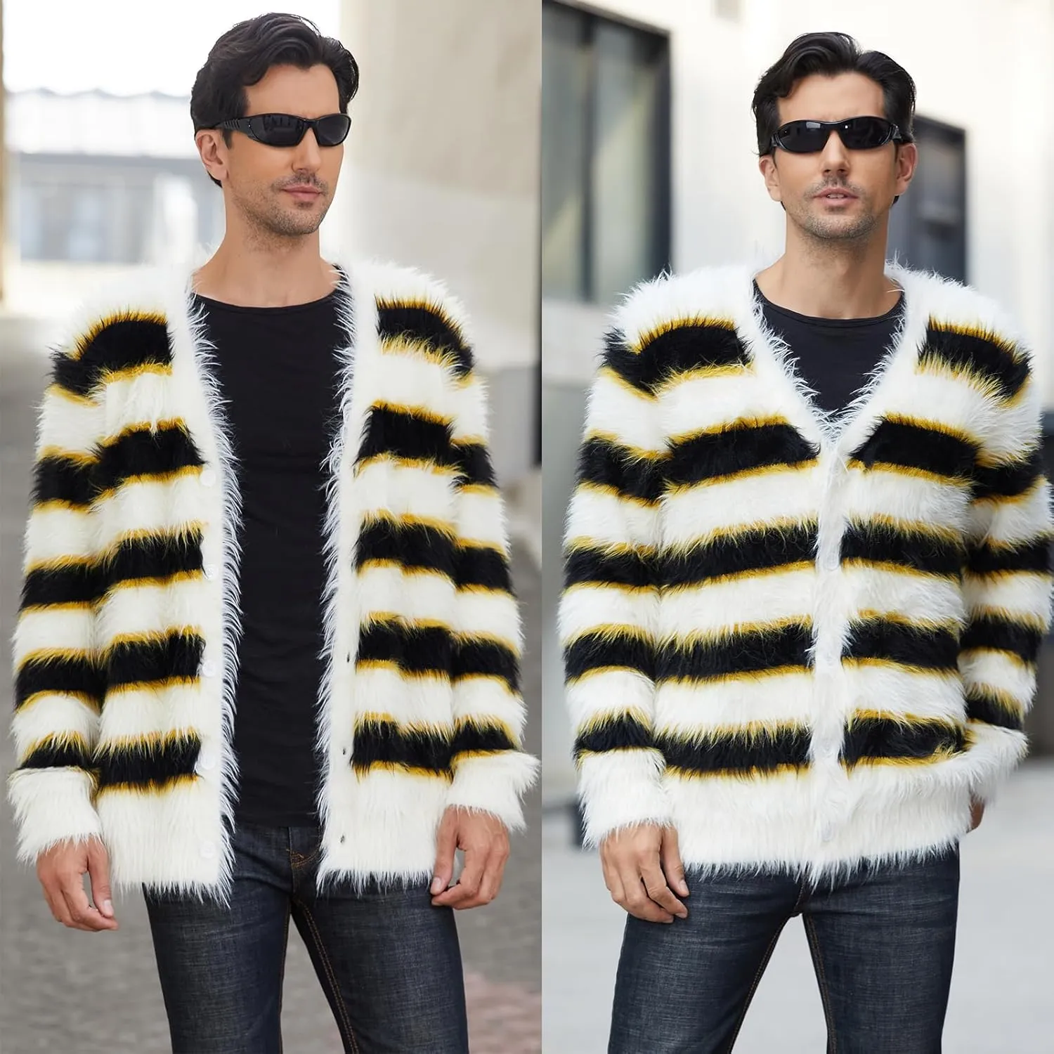 SINAR Men's Casual Fuzzy Cardigan Sweater Long Sleeve Soft Striped Knitwear Winter Warm Cardigan Knitted Sweater