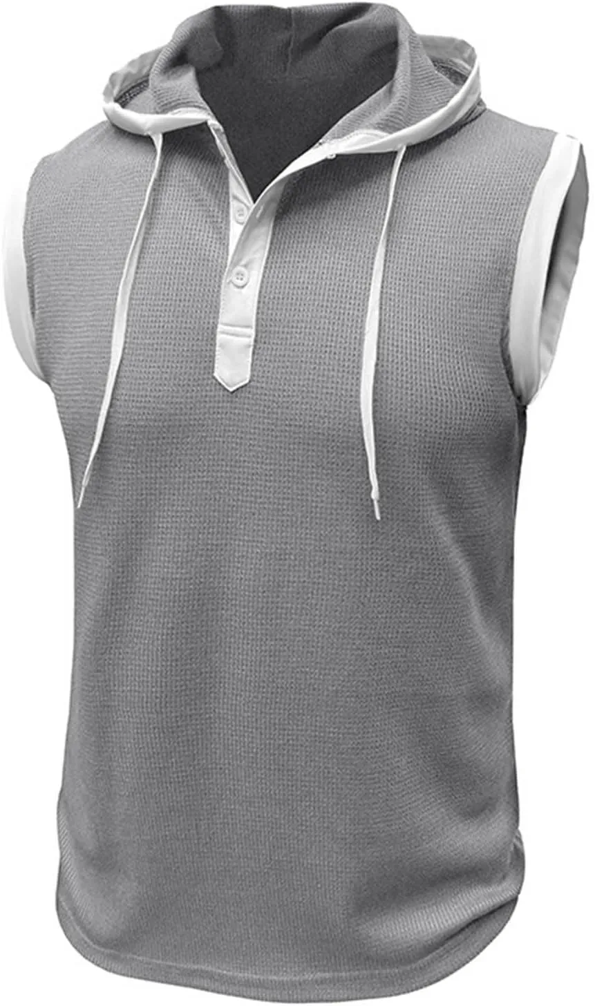 Sleeveless Waffle Knit T-Shirt for Men Trendy Workout Hooded Tank Tops Summer Fitness Button Hoodie Active Basic Tees