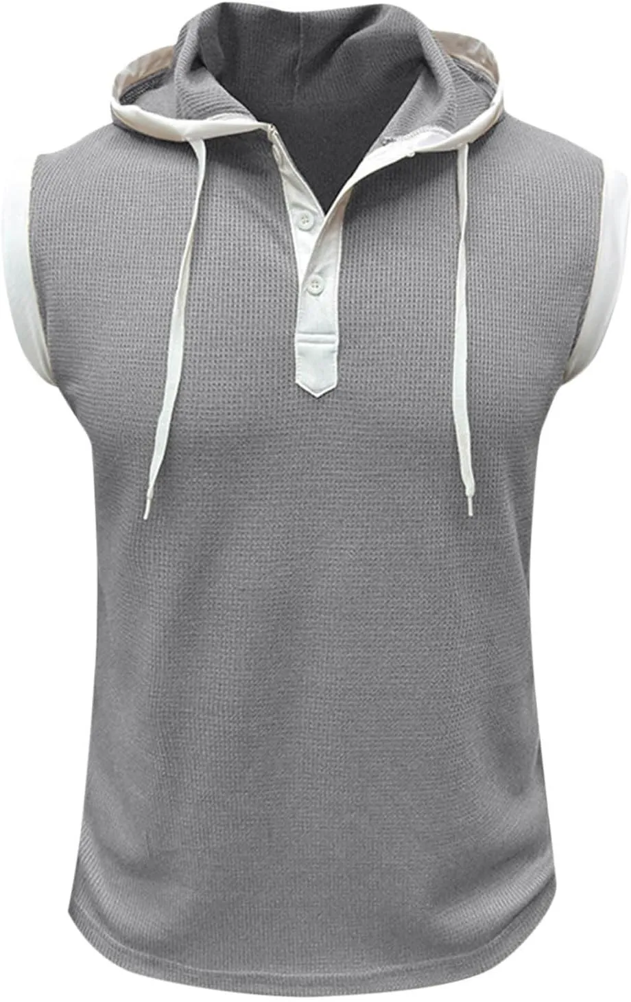 Sleeveless Waffle Knit T-Shirt for Men Trendy Workout Hooded Tank Tops Summer Fitness Button Hoodie Active Basic Tees