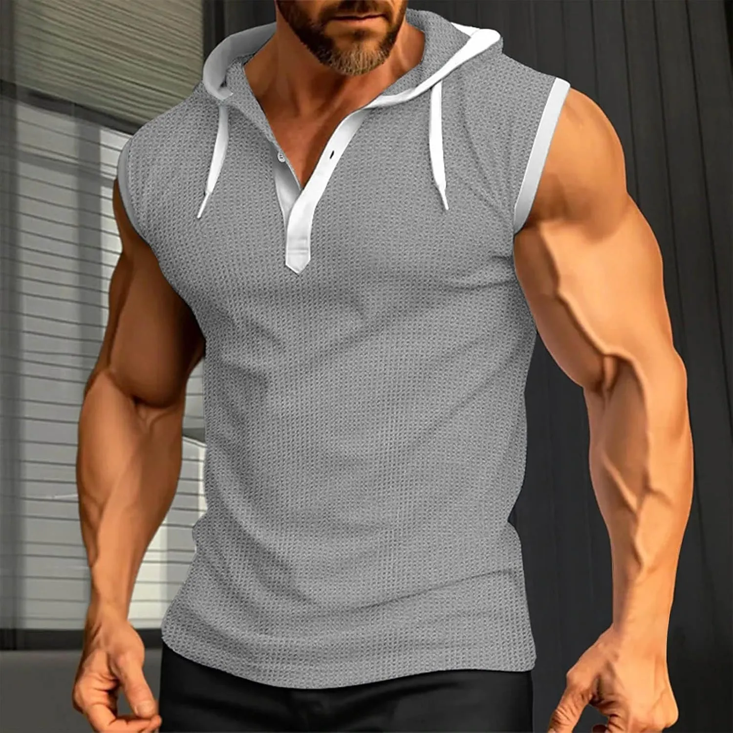 Sleeveless Waffle Knit T-Shirt for Men Trendy Workout Hooded Tank Tops Summer Fitness Button Hoodie Active Basic Tees