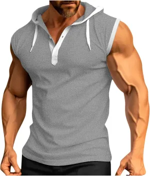 Sleeveless Waffle Knit T-Shirt for Men Trendy Workout Hooded Tank Tops Summer Fitness Button Hoodie Active Basic Tees