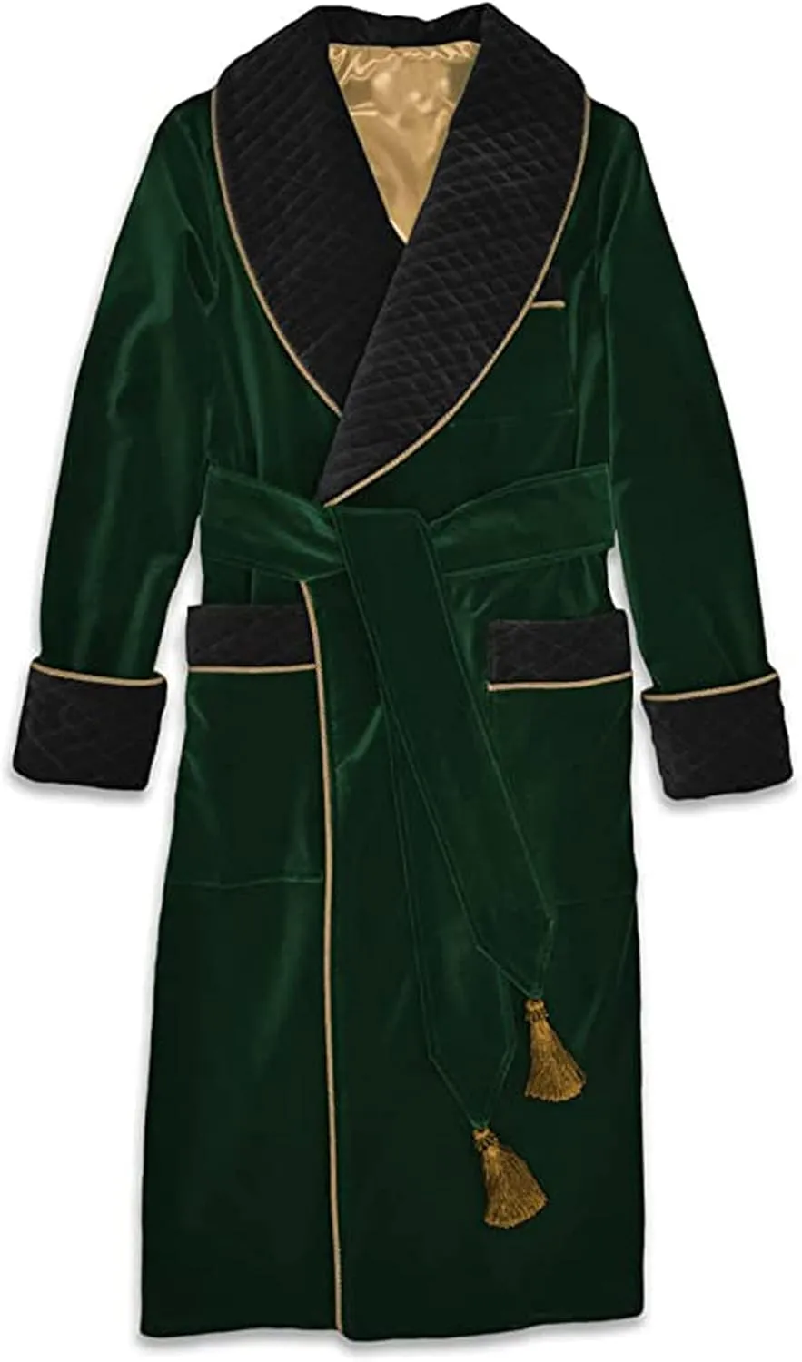 Smoking Jacket Green Long Velvet Gown For Men English Vintage Gentleman Belted Robes