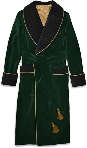 Smoking Jacket Green Long Velvet Gown For Men English Vintage Gentleman Belted Robes