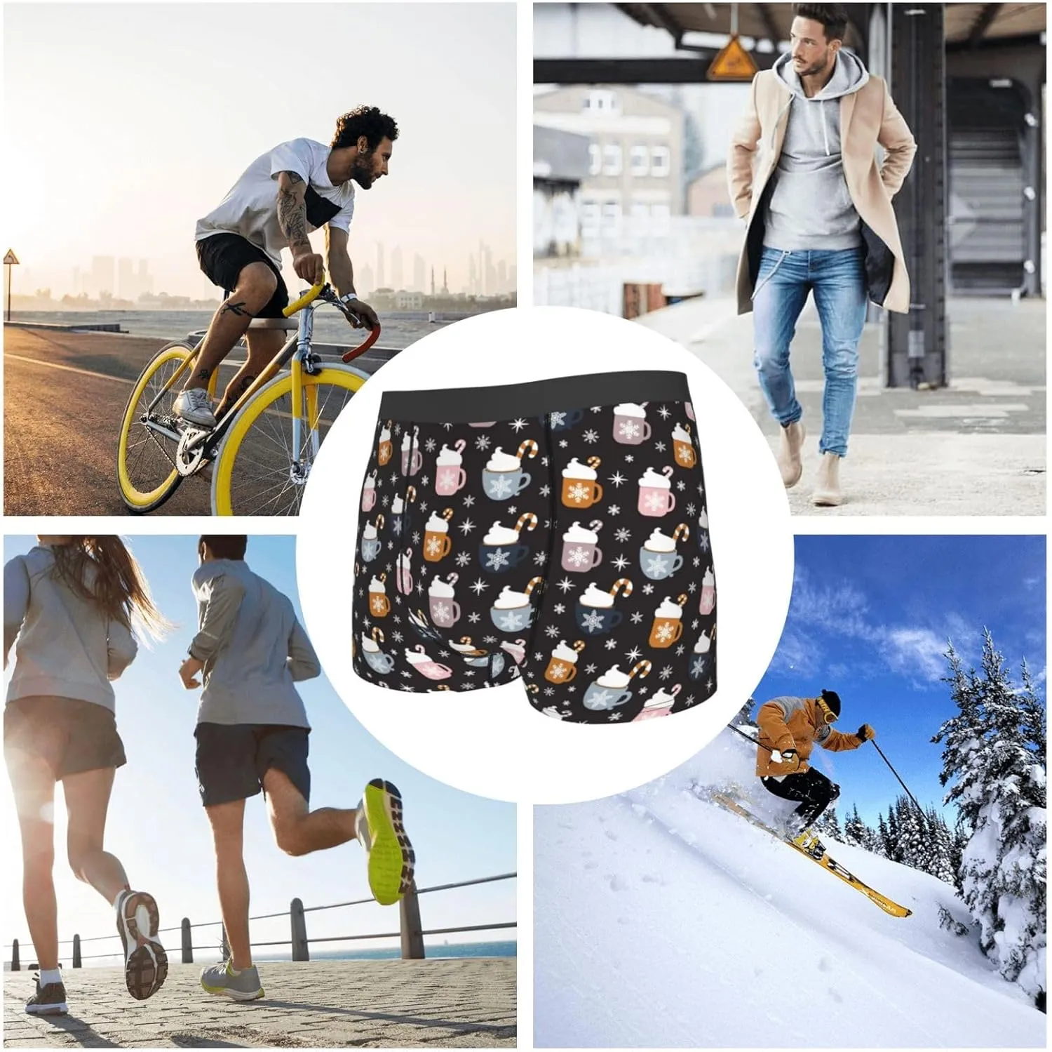 Snowflake Cream Hot Cocoa Print Boxer Briefs For Men Breathable Underwear-
