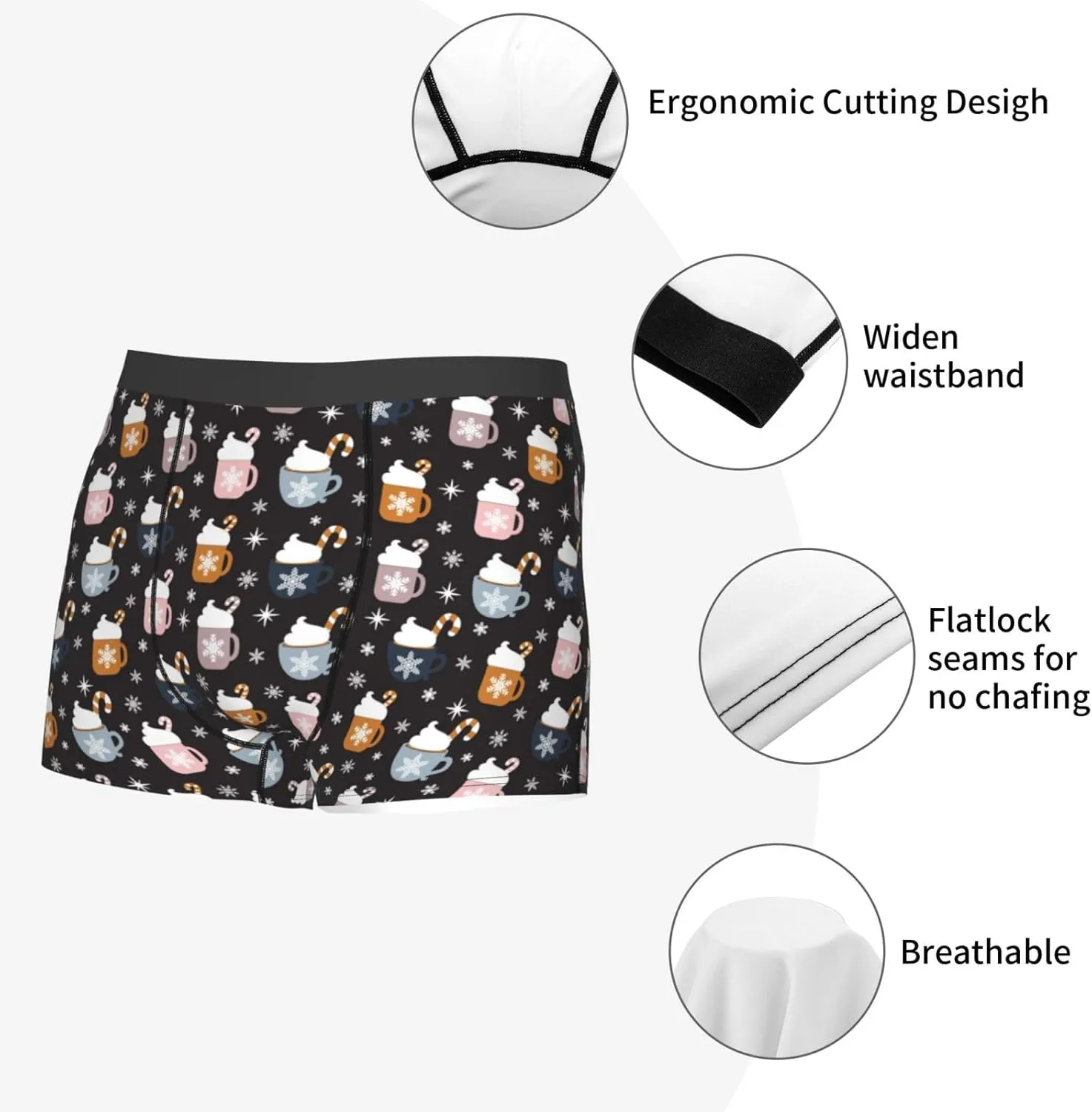 Snowflake Cream Hot Cocoa Print Boxer Briefs For Men Breathable Underwear-