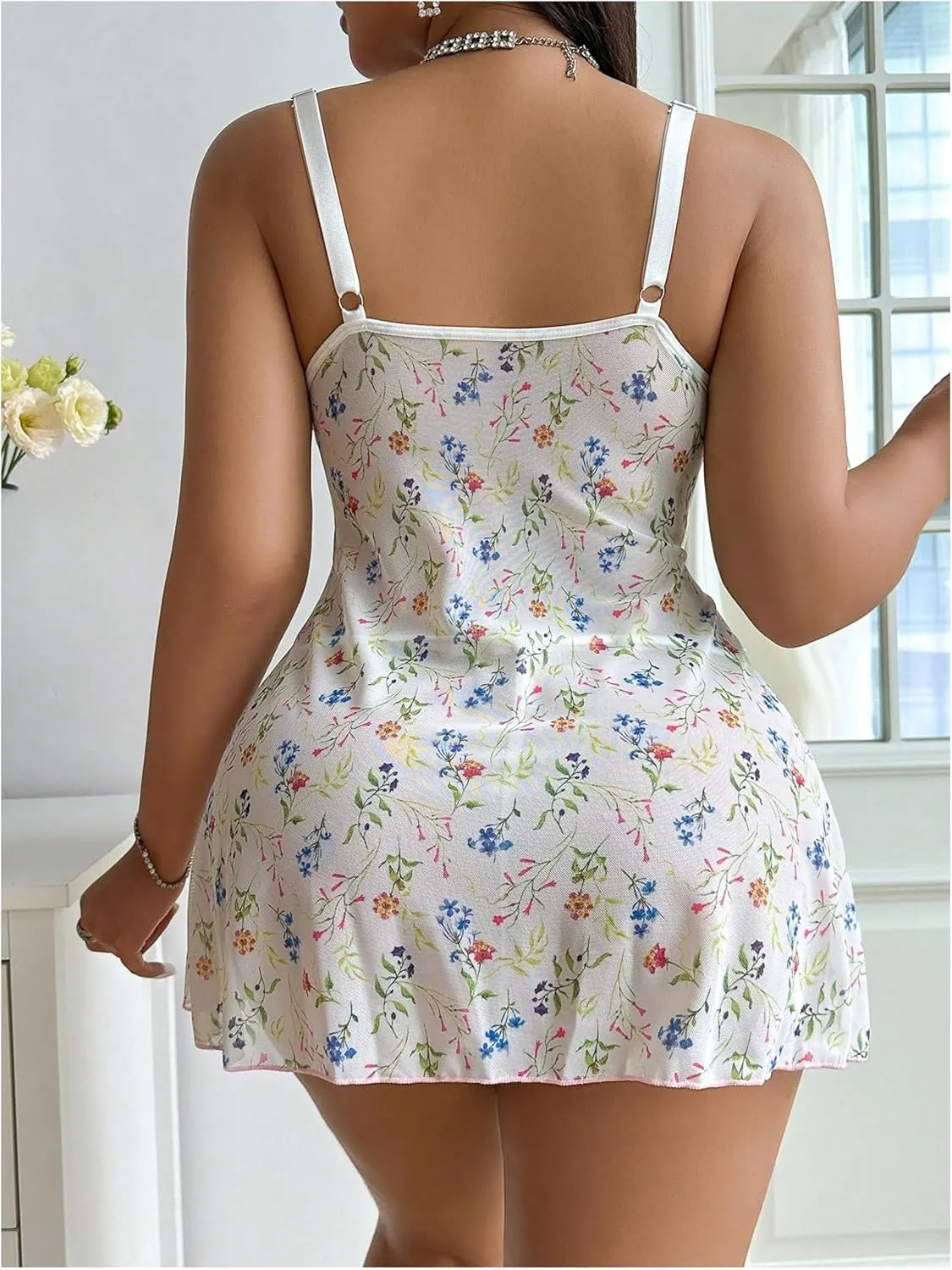 SOLY HUX Women's Plus Size Lingerie Set Floral Mesh Lace Babydoll Chemise Nightgown with Thong