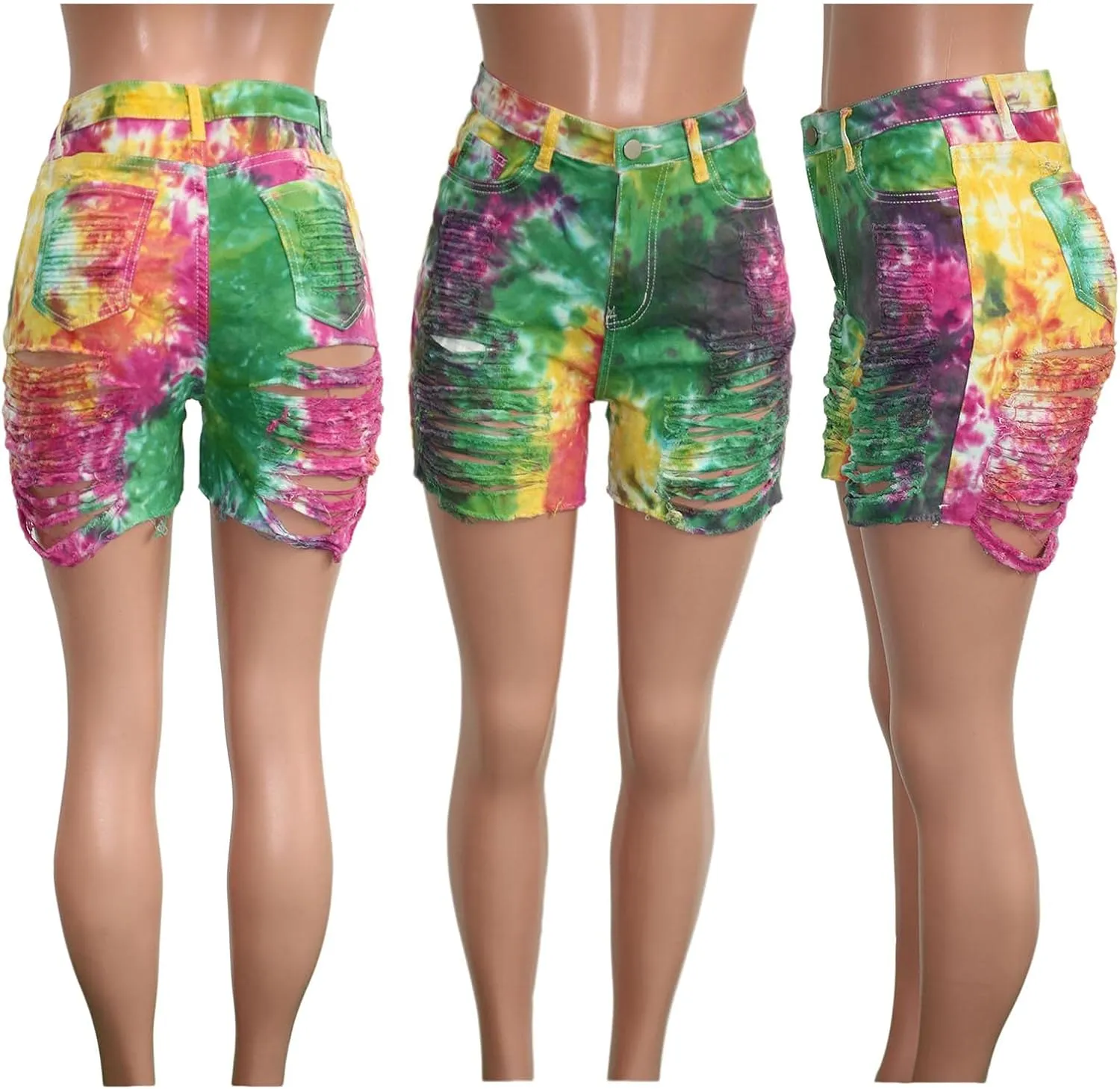 SOMTHRON Women's Sexy Tie Dye High Waisted Jean Shorts Ripped Destroyed Frayed Raw Rainbow Camo Skinny Denim Shorts