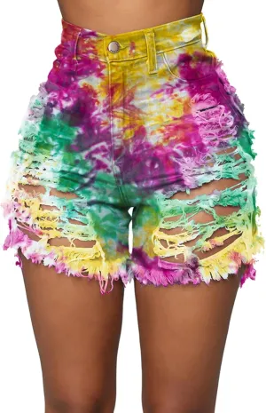 SOMTHRON Women's Sexy Tie Dye High Waisted Jean Shorts Ripped Destroyed Frayed Raw Rainbow Camo Skinny Denim Shorts