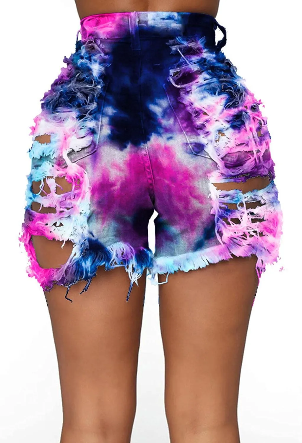 SOMTHRON Women's Sexy Tie Dye High Waisted Jean Shorts Ripped Destroyed Frayed Raw Rainbow Camo Skinny Denim Shorts
