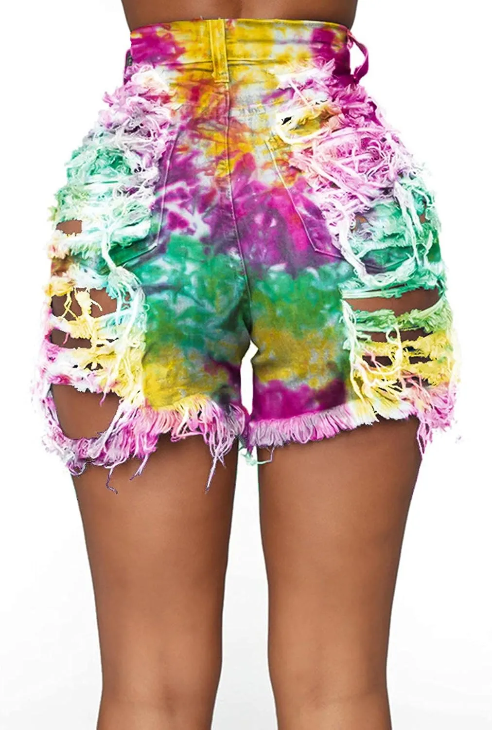 SOMTHRON Women's Sexy Tie Dye High Waisted Jean Shorts Ripped Destroyed Frayed Raw Rainbow Camo Skinny Denim Shorts
