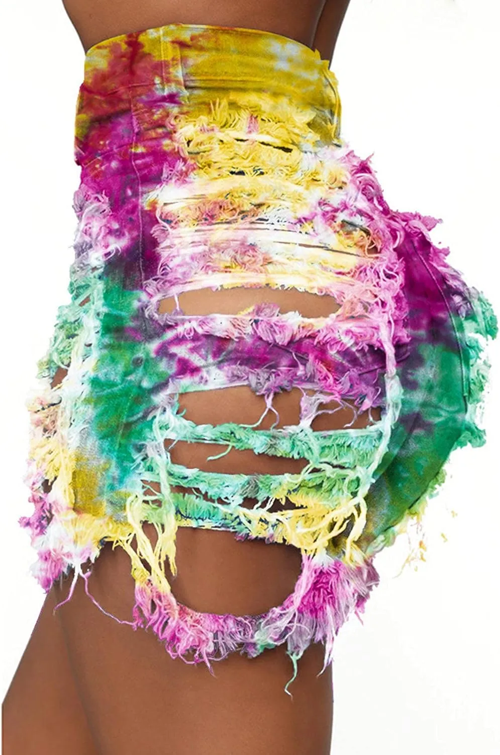 SOMTHRON Women's Sexy Tie Dye High Waisted Jean Shorts Ripped Destroyed Frayed Raw Rainbow Camo Skinny Denim Shorts