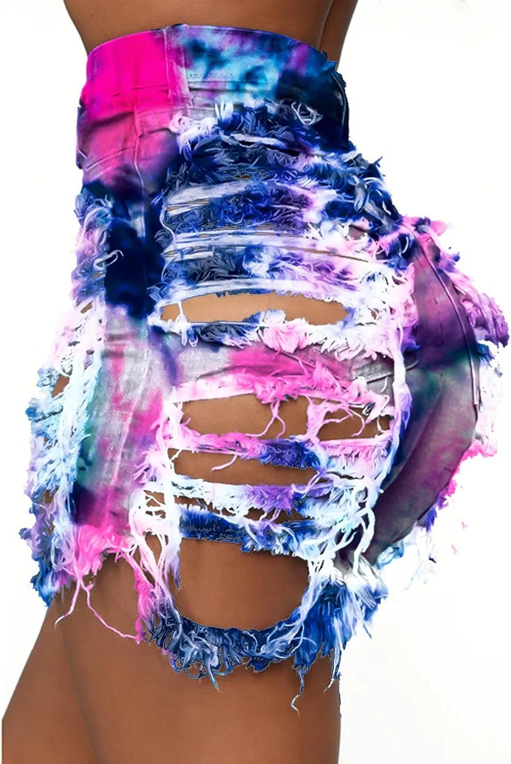 SOMTHRON Women's Sexy Tie Dye High Waisted Jean Shorts Ripped Destroyed Frayed Raw Rainbow Camo Skinny Denim Shorts