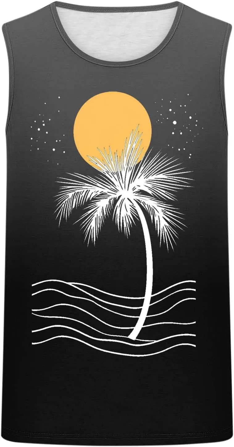 Stylish Palm Tank Tops Men's Vintage Shirts Sleeveless Summer Vacation Pullover Basic Tees Casual Workout Gym T-Shirt