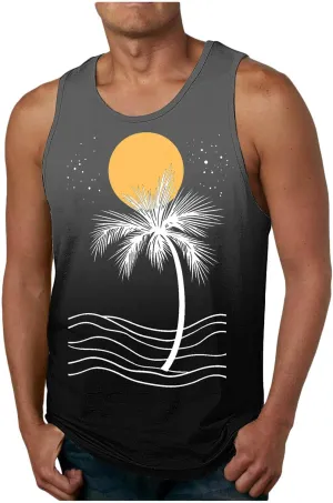Stylish Palm Tank Tops Men's Vintage Shirts Sleeveless Summer Vacation Pullover Basic Tees Casual Workout Gym T-Shirt