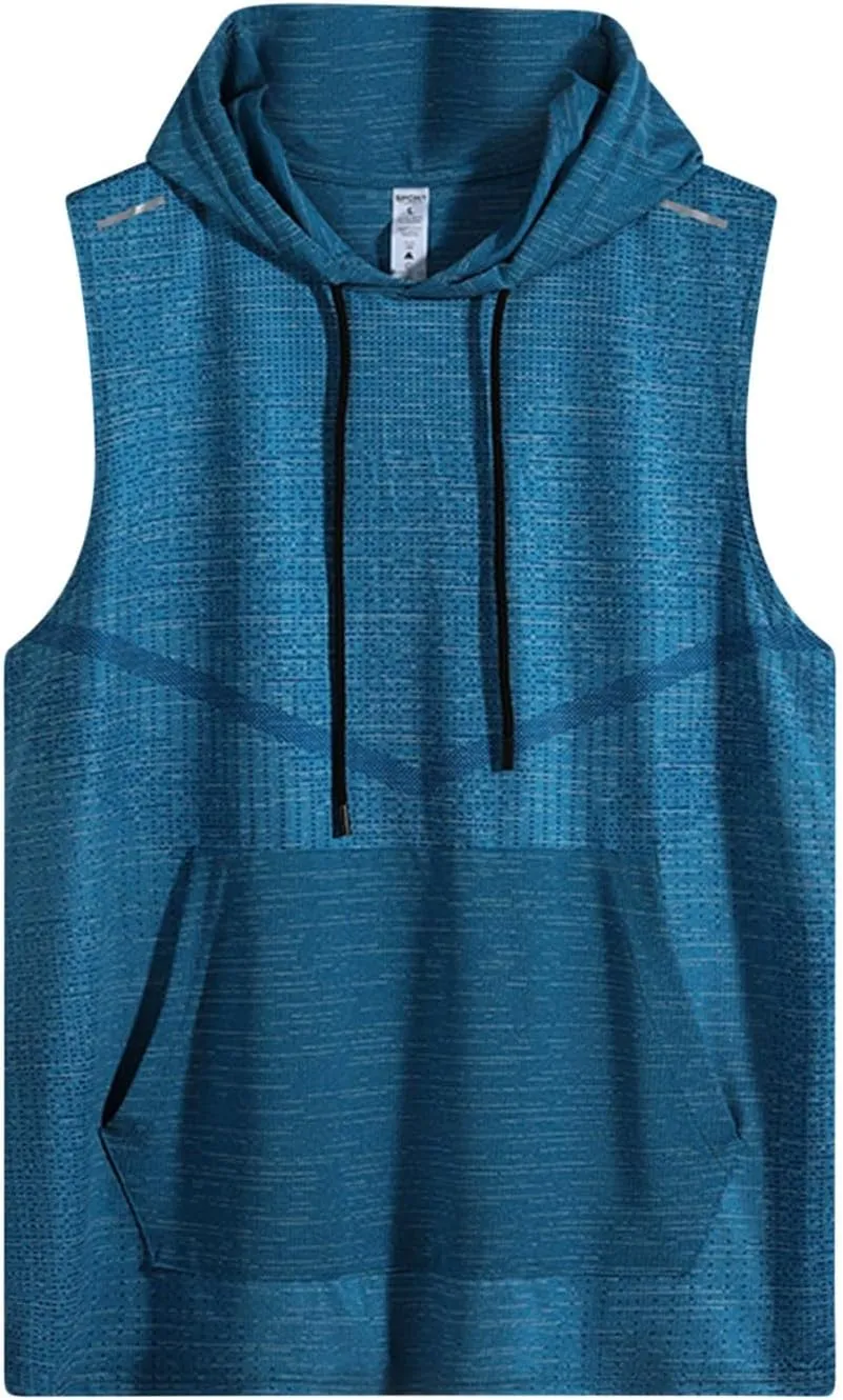 Summer Training Workout Shirts Mens Sleeveless Hoodie Quick Dry Active Tank Tops Casual Loose Fit Tshirt with Pocket