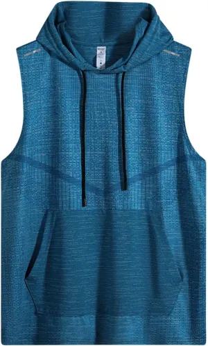 Summer Training Workout Shirts Mens Sleeveless Hoodie Quick Dry Active Tank Tops Casual Loose Fit Tshirt with Pocket
