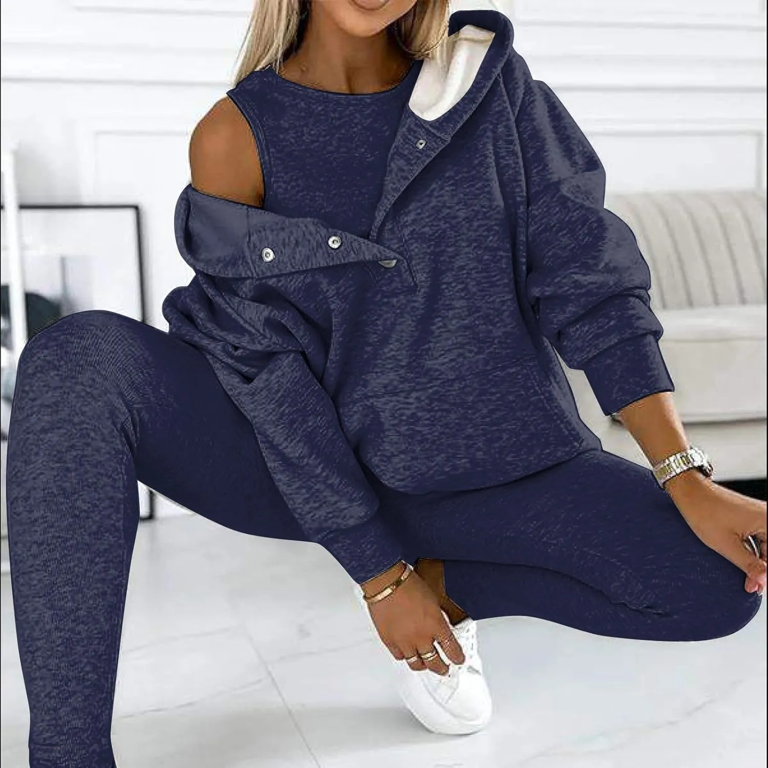 Sweatsuit Set for Women 3 Piece Outfits Tracksuit Button Down Hoodies Crop Tank Top and Sweatpants Matching Sets