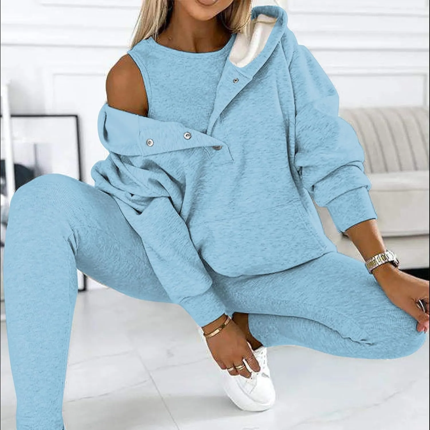 Sweatsuit Set for Women 3 Piece Outfits Tracksuit Button Down Hoodies Crop Tank Top and Sweatpants Matching Sets