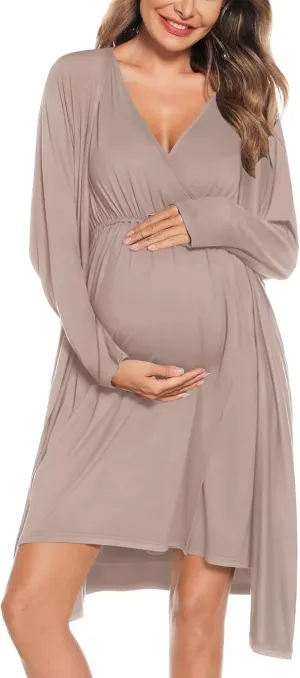 SWOMOG Women Maternity Nursing Gown and Robe Set 3 in 1 Labor Delivery Nursing Nightgown for Breastfeeding Hospital Bathrobe
