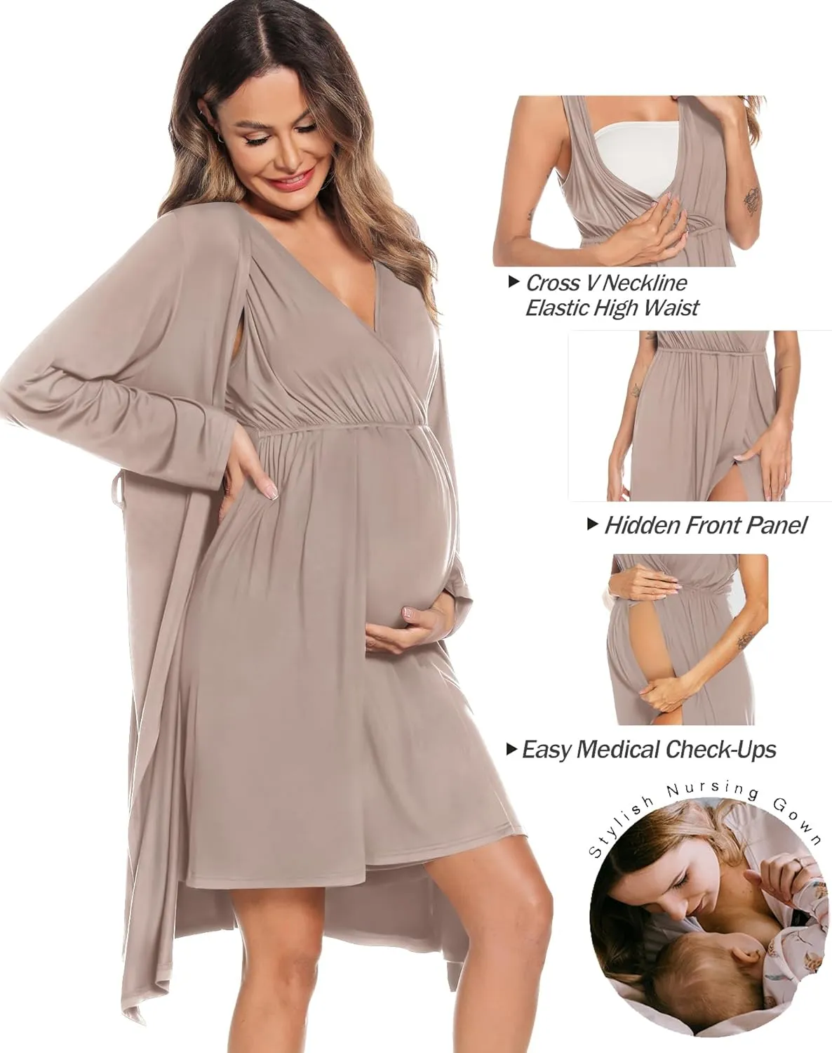 SWOMOG Women Maternity Nursing Gown and Robe Set 3 in 1 Labor Delivery Nursing Nightgown for Breastfeeding Hospital Bathrobe
